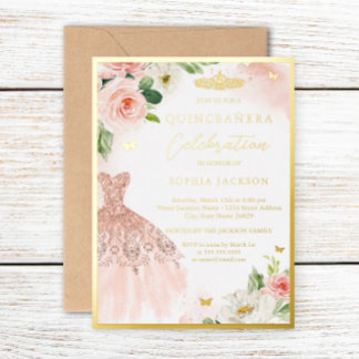 Rosa Gold Floral Tiara Kleid Elegantes Quinceanera Folieneinladung
