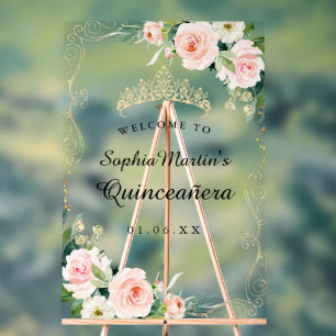 Rosa Gold Floral Wirbel Quinceanera Acryl-Schild Acrylschild