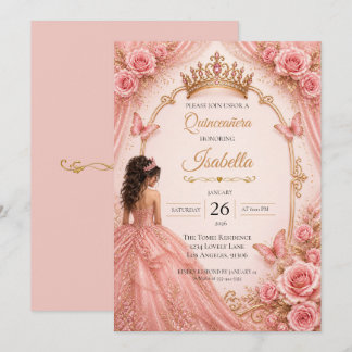 Rosa Gold Florale Quinceañera-Einladung Einladung
