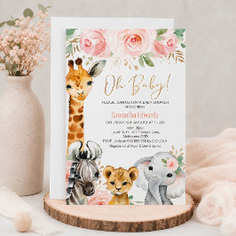 Rosa Gold Florale Safari-Tiere Baby Shower Einladu Einladung