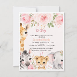 Rosa Gold Florale Safari-Tiere Baby Shower Einladu RSVP Karte