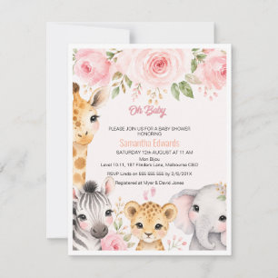 Rosa Gold Florale Safari-Tiere Baby Shower Einladu RSVP Karte