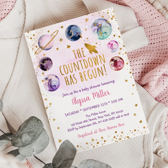 Rosa Gold Galaxy Countdown hat mit Baby Dusche beg Einladung (Von Creator hochgeladen)