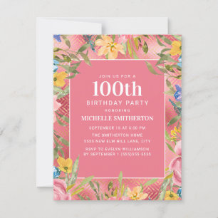 Rosa Gold Gelb Blau Floral 100. Geburtstag Frauen Einladung