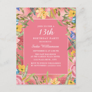 Rosa Gold Gelb Blau Floral 13. Geburtstag Einladung