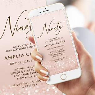 Rosa Gold Glitter 90. Geburtstags-Mobil-Einladung Ankündigung