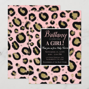 Rosa Gold Glitter & Black Leopard Baby Shower Einladung