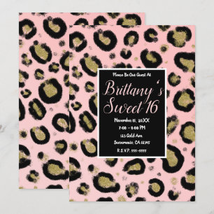 Rosa Gold Glitter & Black Leopard Sweet 16 Party Einladung