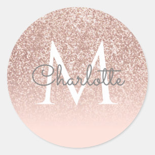 Rosa Gold Glitter Blush Rosa Monogram Mädchenhaft Runder Aufkleber