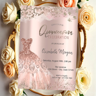 Rosa Gold Glitter Diamanten Chic Kleid Quinceañera Einladung