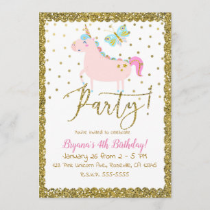 Rosa & Gold Glitter Einhorn Mädchen Geburtstagsfei Einladung