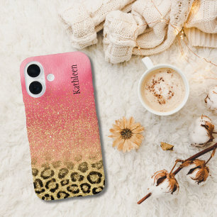 Rosa Gold Glitter Leopardenprint mit Monogramm Nam iPhone 16 Hülle