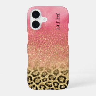 Rosa Gold Glitter Leopardenprint mit Monogramm Nam iPhone 16 Hülle