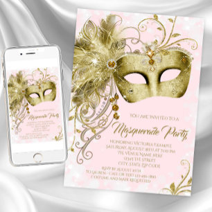 Rosa Gold Glitter Maskenparty Einladung