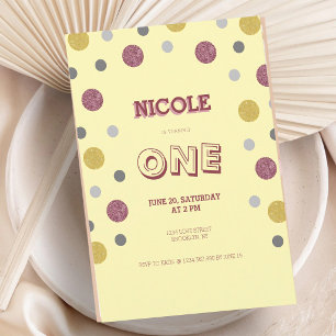Rosa Gold Glitter Polka Dots 1. Geburtstag Einladung