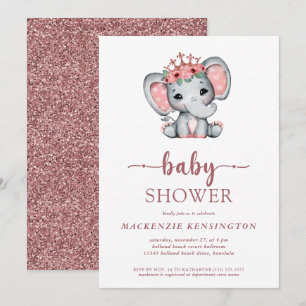 Rosa Gold Glitter Prinzessin Elefant Baby Mädchen Einladung