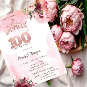 Rosa Gold Glitter Rosen Krone 100. Geburtstag Einladung