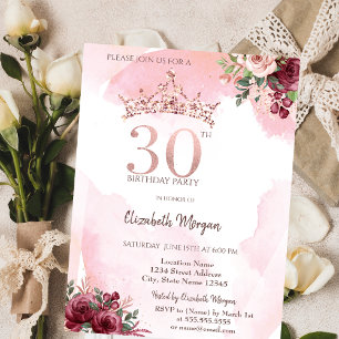 Rosa Gold Glitter Rosen Krone 30. Geburtstag Einladung