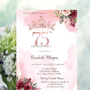 Rosa Gold Glitter Rosen Krone 75. Geburtstag Einladung