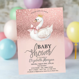 Rosa Gold Glitter, Schwan-Bogen-Krone Baby Shower  Einladung