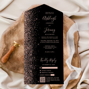 Rosa Gold Glitter Schwarz QR Code Hochzeit All In One Einladung