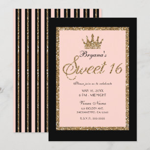 Rosa Gold Glitter & Schwarz Sweet 16 Prinzessinnen Einladung