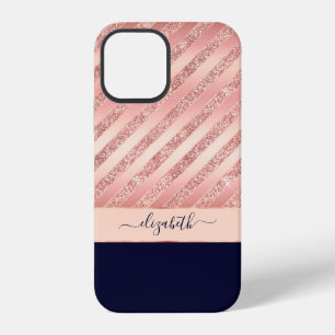 Rosa Gold Glitter Streifen Navy Glam Personalisier iPhone 12 Hülle