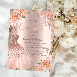 Rosa Gold Glitter-Tropfen Kleid Pfirsichrosen Einladung