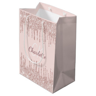 Rosa Gold Glitter-Tropfen-Monogramm Luxus Mittlere Geschenktüte