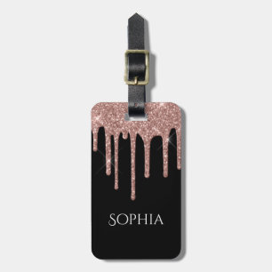 Rosa Gold Glitter-Tropfen, Name & Info auf Schwarz Gepäckanhänger