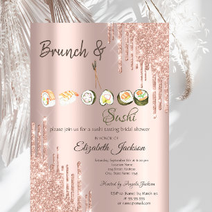 Rosa Gold Glitter-Tropfen Sushi-Brautparty Einladung