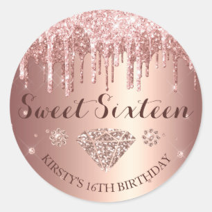 Rosa Gold Glitter-Tropfen Sweet Sixteen Runder Aufkleber