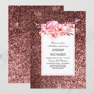 Rosa Gold Glitter Vintage Floral Geburtstagsfeier Einladung