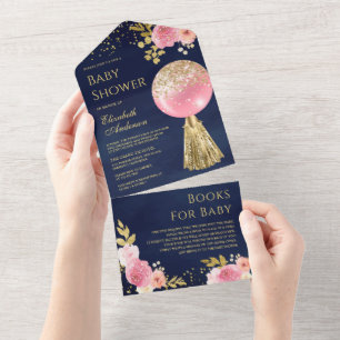 Rosa Gold Glitterballon Floral Marineblau Babypart All In One Einladung