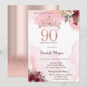 Rosa Gold Glitterrosen Krone 90. Geburtstagsfeier Einladung