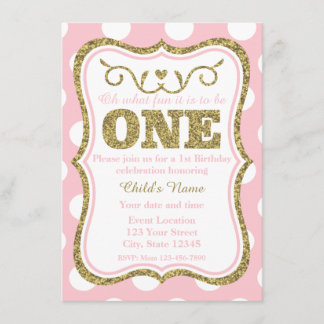 Rosa Gold Glitzer 1. Geburtstag Einladung