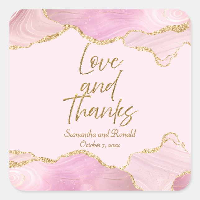 Rosa & Gold Glitzer Agate Liebe und Dank Hochzeit Quadratischer Aufkleber (Vorderseite)