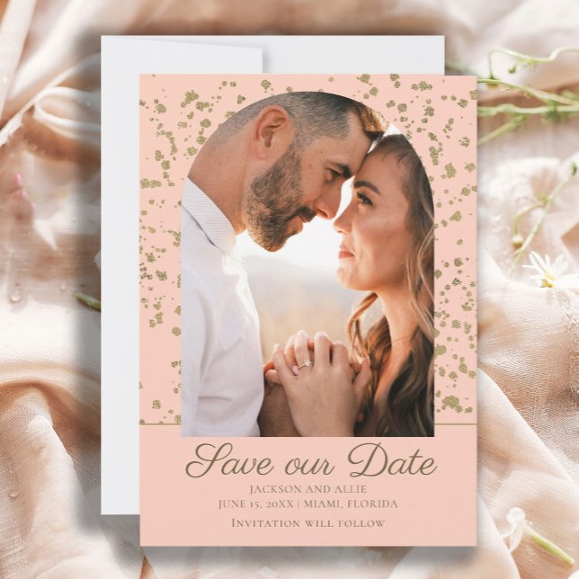 Rosa Gold Glitzer Arch Dome Foto Hochzeit Save The Date (Elegant pink and gold arch photo wedding Save-the-Date card)