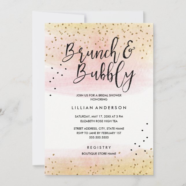 Rosa Gold Glitzer Brunch and Bubbly Brautparty Einladung (Vorderseite)