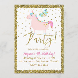 Rosa & Gold Glitzer Einhorn Girls Geburtstagsparty Einladung