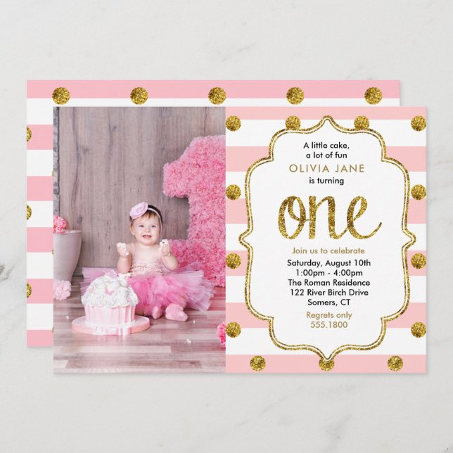 Rosa, Gold Glitzer Erster Geburtstag Foto Einladun Einladung (Vorne/Hinten)