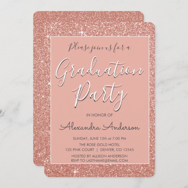 Rosa-Gold-Glitzer-Graduierungsparty Einladung (Vorne/Hinten)