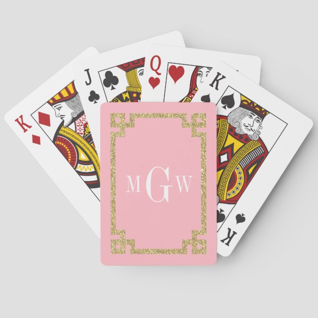 Rosa Gold Glitzer griechischen Rahmen Monogramm Spielkarten (Rückseite)