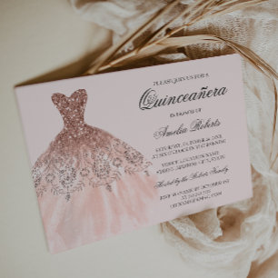 Rosa Gold Glitzer Kleid Quinceanera Einladung