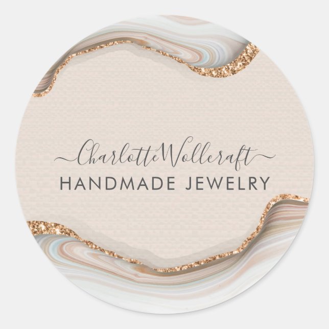 Rosa Gold Glitzer Marmor Agate Handmade Schmuck Runder Aufkleber (Vorderseite)