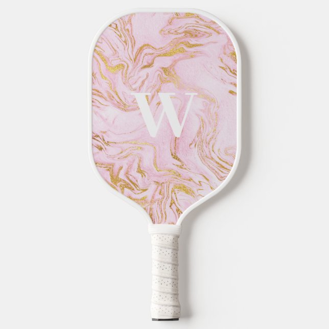 Rosa Gold-Glitzer-Marmormonogramm Pickleball Schläger (Vorderseite)