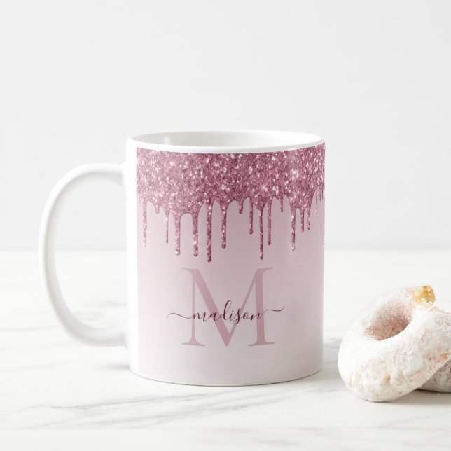 Rosa-Gold-Glitzer-Sparkon-Monogramm-Skript Kaffeetasse (Mit Donut)
