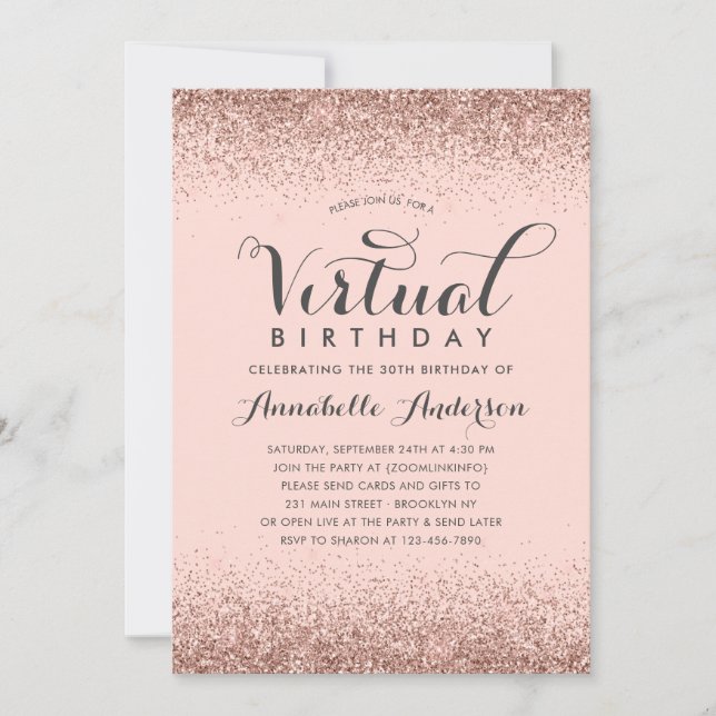 Rosa Gold Glitzer Sparkone Virtual Birthday Einladung (Vorderseite)