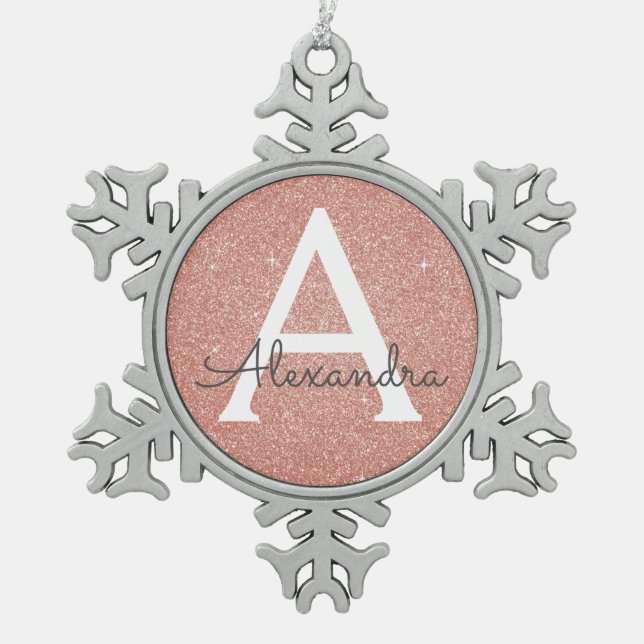Rosa-Gold-Glitzer und Sparklogramm Schneeflocken Zinn-Ornament (Vorderseite)