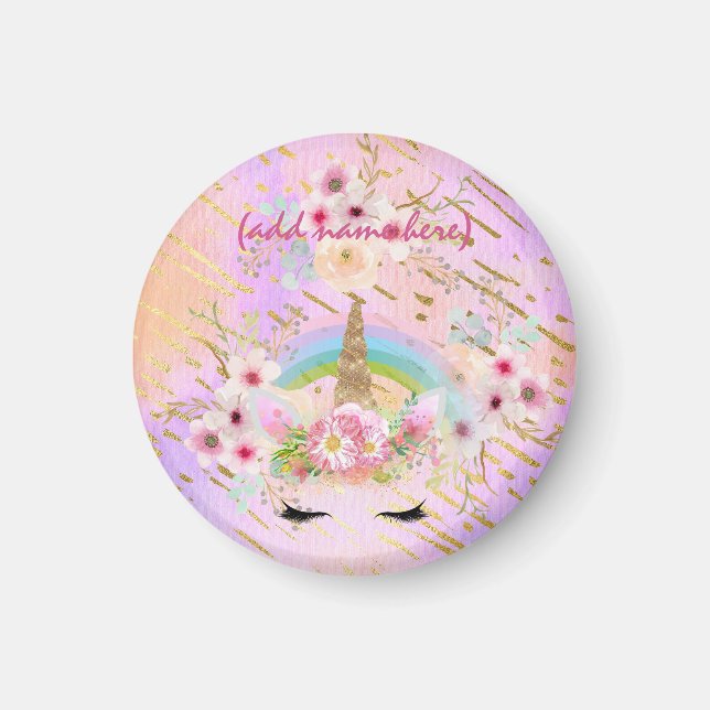 Rosa Gold Glitzer Unicorn Face Rainbow Girls Gesch Magnet (Vorne)